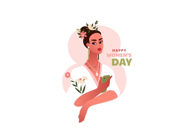 International Women Day. 8 March. Strong happy woman with flowers and the smartphone.   template with beautiful women