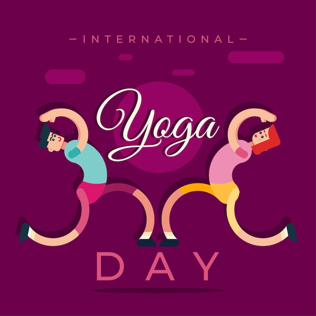 International Yoga Day 21 June poster cartoon Virabhadrasana Warrior Pose asana illustration vector design