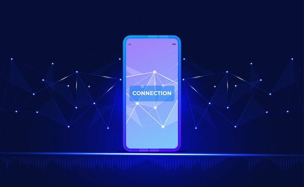 Vector internet connection background. with smartphone, low poly, dot, circle, line, light