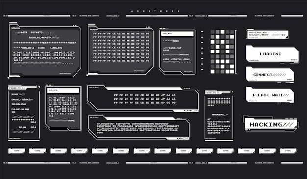 Internet privacy and safety. Futuristic interface elements set. Futuristic UI concept. Hacker interface. Abstract terminal console. Hud background. Hacking process.