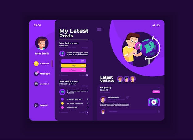 Internet teacher tablet interface vector template. Mobile app page night mode design layout. User profile screen. Flat UI for application. Educational posts, lesson updates on portable device display