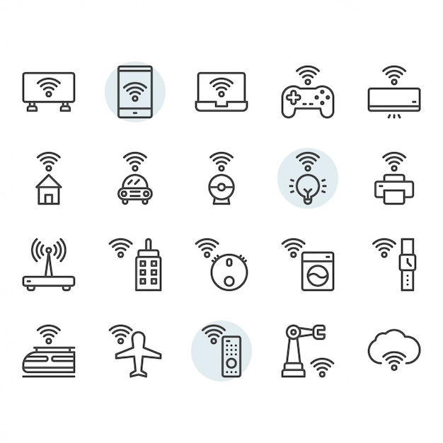 Internet of things related thin line icon set