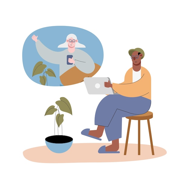 Interracial old couple using technology in video calling characters  illustration 