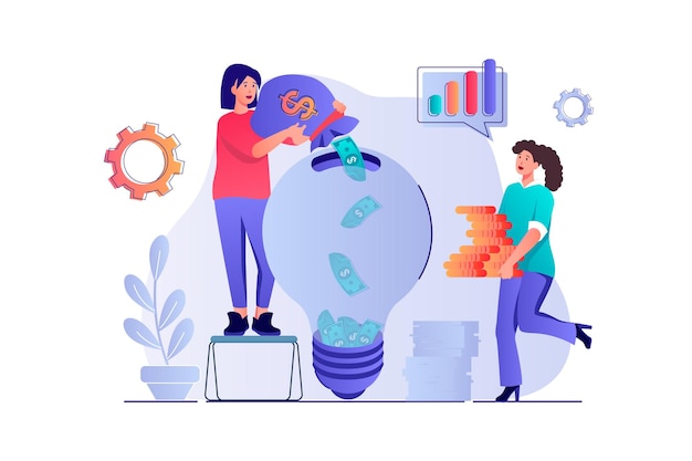 Investment concept with people scene Women invest their savings and personal finances in new idea and develop success business project Vector illustration with characters in flat design for web