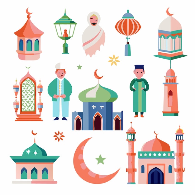 Vector islamic architecture mosque design with crescent moon and star illustration