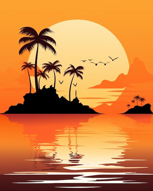 Island and Sea Silhouette with Palm Trees