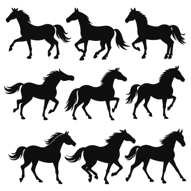 Vector isolated black horse silhouettes in various poses on white background