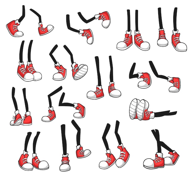 Vector isolated cartoon legs, comic foot in red sport shoes. vector stick feet in sneakers walk, stand and jump, run, lying, fall down. isolated leg, foot body parts front, side, rear view, limb in footwear