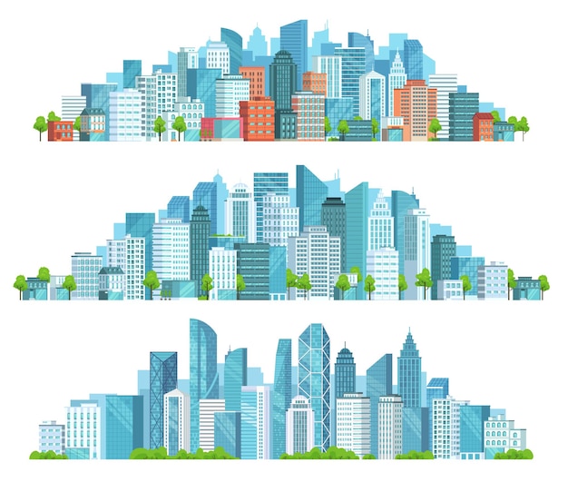 Vector isolated cityscape. city street, abstract urban and horizontal town landscape panorama cartoon vector illustration set. panoramic views of downtown, district with modern buildings and skyscrapers.