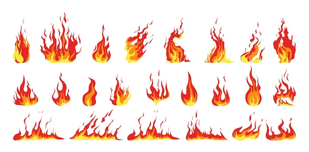 Isolated fire set on white background Red and yellow flames