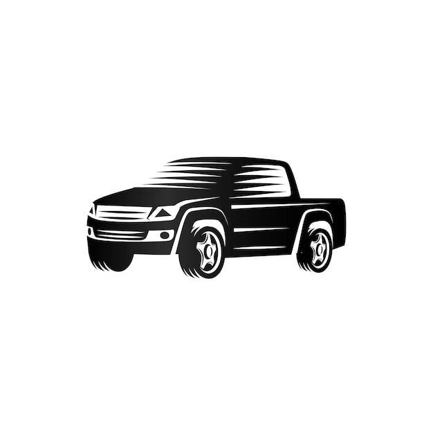 Isolated monochrome engraving style pickup trucks logo cars logotype black color automotive vehicle vector illustration