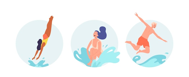 Isolated set of round icon composition with young people character jumping to sea or pool water Vector illustration of man and woman swimming having fun recreation enjoying rest on beach resort