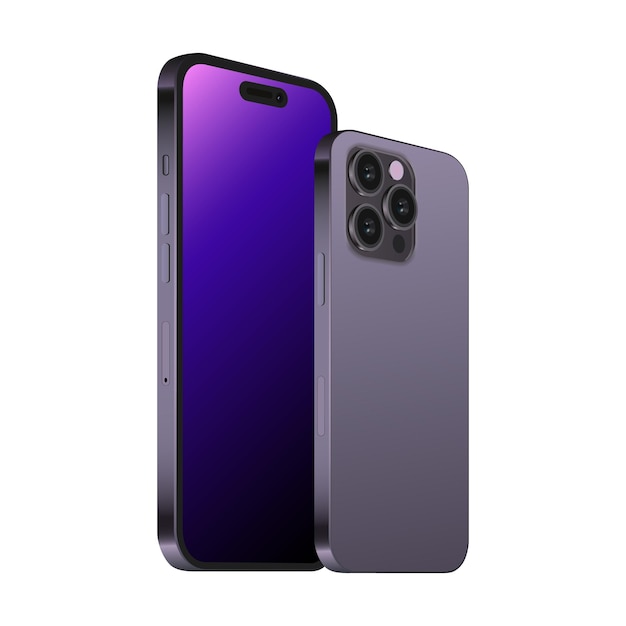 Isolated Smartphone 14 Pro Mockup Realistic 3d Purple Design on White Background Three Cameras Diagonal Front and Back View