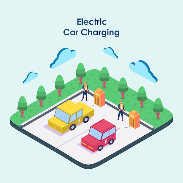 Vector isomatric electric car charging at the charger station