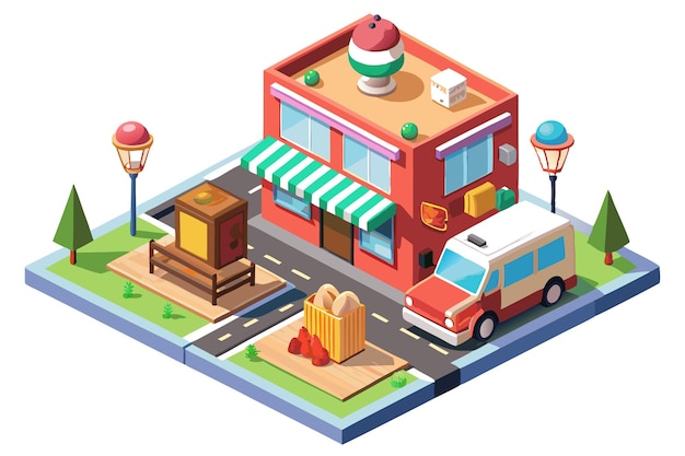 Vector isometric 3d illustration of a city street with a red building a van and a tree