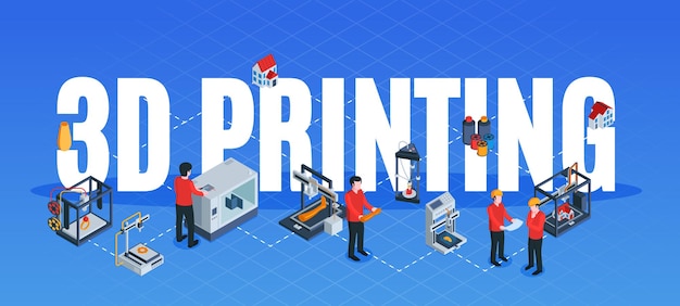 Vector isometric 3d printing composition with text surrounded by flowchart of human characters with hardware device elements  illustration