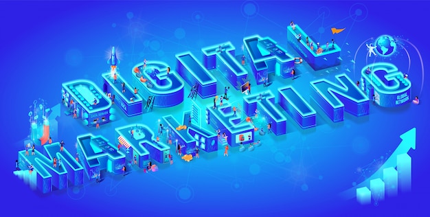 Vector isometric 3d word digital marketing