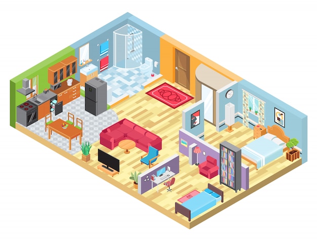 Isometric apartment layout, room interior in modern house, indoor plan view, illustration