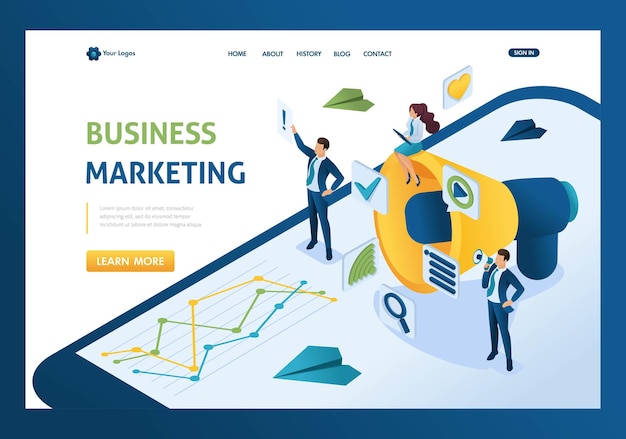 Vector isometric business marketing businessmen next to the big megaphone and digital icons landing page