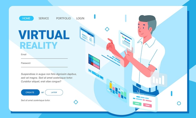 Vector isometric businessman set strategy with digital floating graphic and chart web landing page gui ui