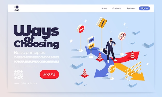 Isometric cartoon ways of choosing landing page