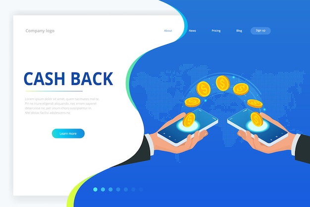 Vector isometric cashback and saving money concept money refund digital payment or online cashback service electronic invoice