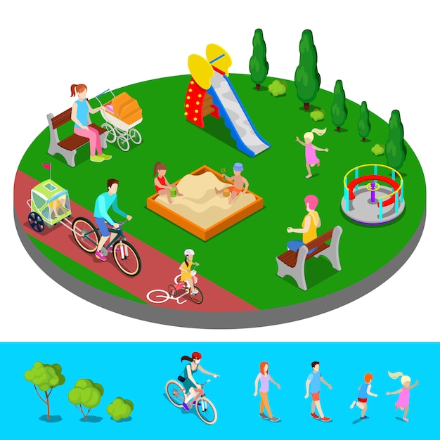 Vector isometric children playground in the park with people, slide and sandbox.