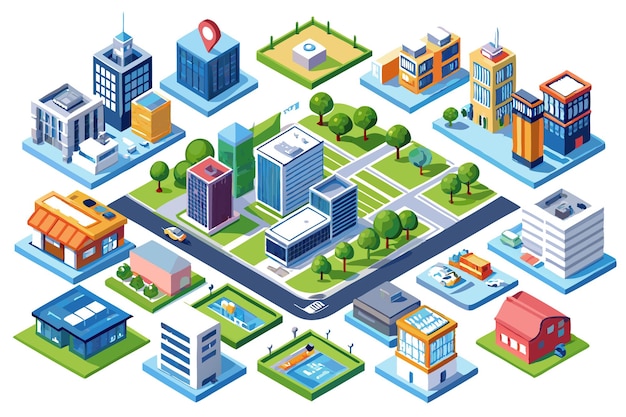 Vector isometric city buildings houses and objects