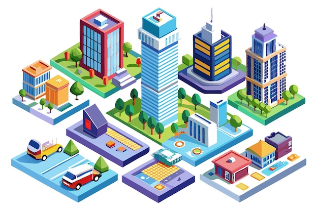 Vector isometric city buildings roads and cars