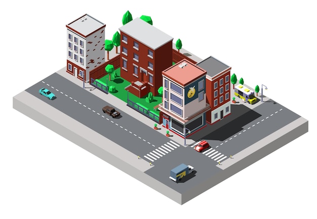 isometric city buildings with cars and trees on the streets.