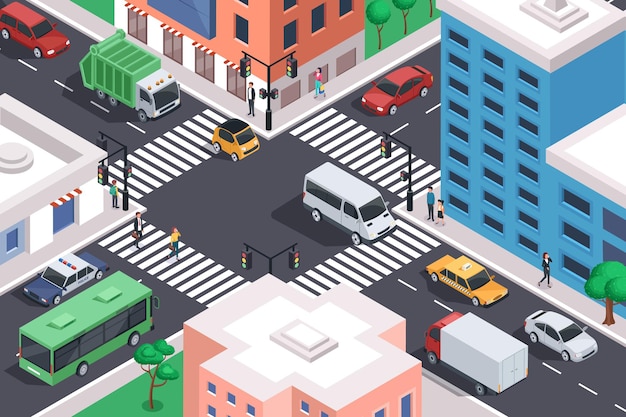 Vector isometric city crossroad with cars road intersection traffic jam urban downtown street transport