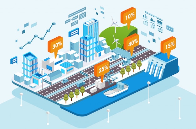 Isometric city infrastructure growth illustration