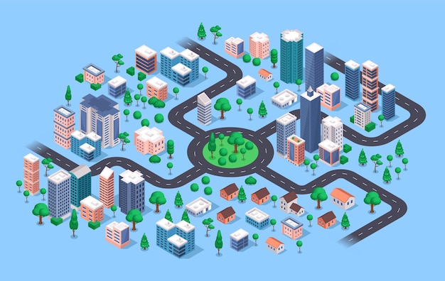 Vector isometric city modern urban cityscape buildings apartment houses skyscrapers road streets tree store