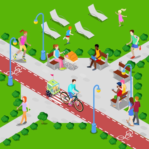 Vector isometric city park with bicycle path. active people walking in park. vector illustration