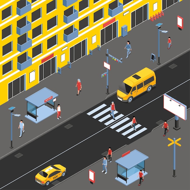 Vector isometric city people composition normal day in the city people go about their business and cars drive on the roads vector illustration