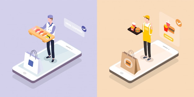 Vector isometric delivery boy with food tray on smartphone