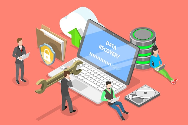 Isometric flat vector concept of data recovery services data backup