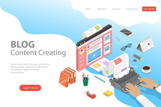 Vector isometric flat vector landing page tempate of creative business blogging