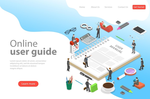 Isometric flat vector landing page template of user manual guide