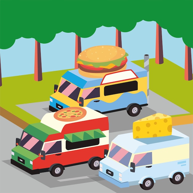 Isometric food trucks set outdoor