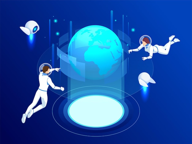 Isometric Global Network planet Earth Astronauts Monitors Work of Artificial Intelligence Professional IT Engineers Working in System Control Center