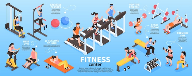 Vector isometric gym fitness center infographics with people doing sport training indoors vector illustration