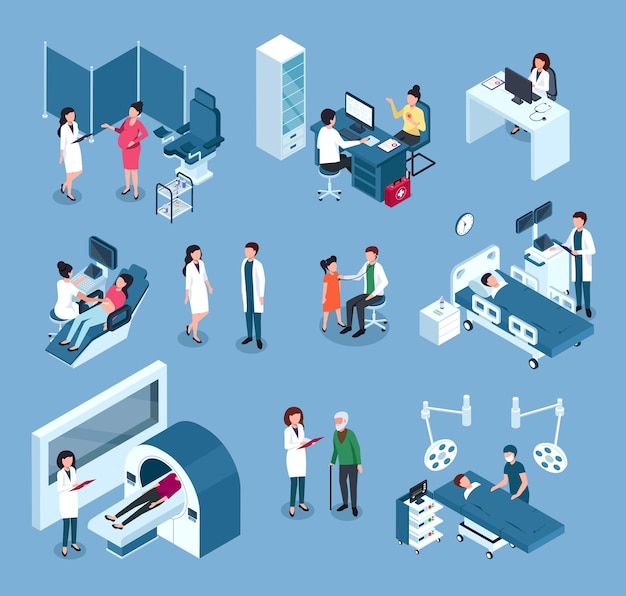 Isometric hospital workers Doctors surgeons with medical equipment examining patient set