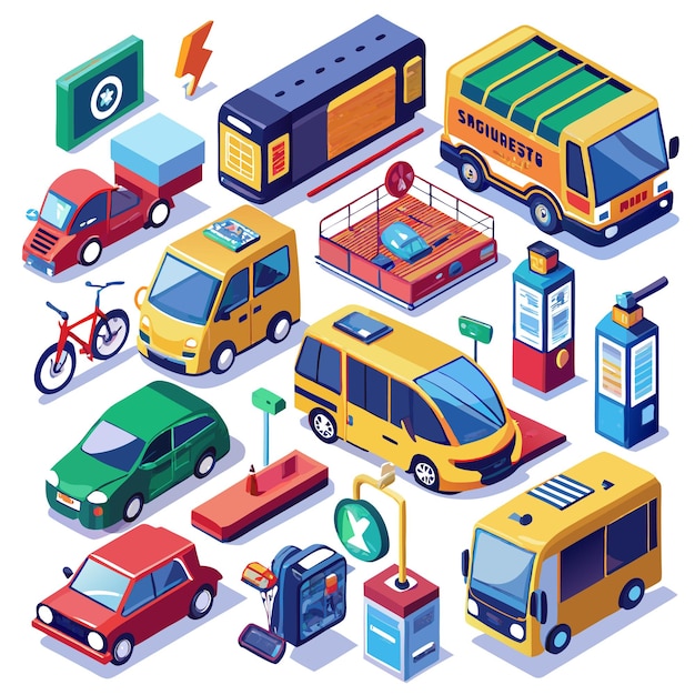 Vector isometric icons of different types of transport including cars buses trucks bikes and charging stations