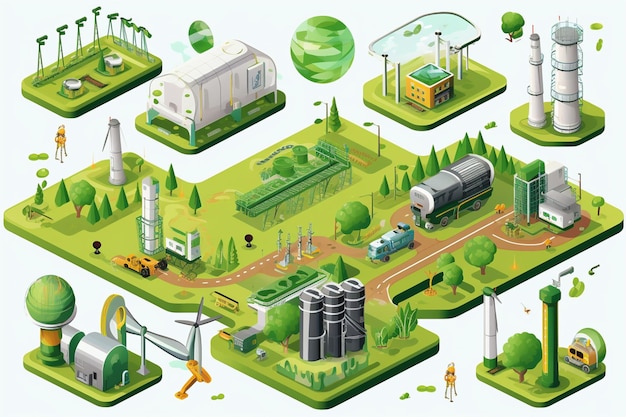 Vector isometric icons of oil industry and biofuel