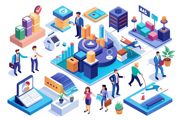 Vector isometric illustration of business people working in an office with data analysis charts and graphs