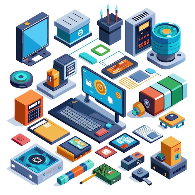 Vector isometric illustration of computer hardware components