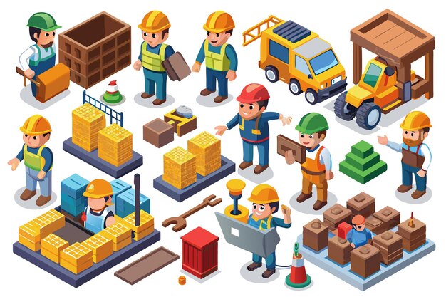 Vector isometric illustration of construction workers equipment and materials