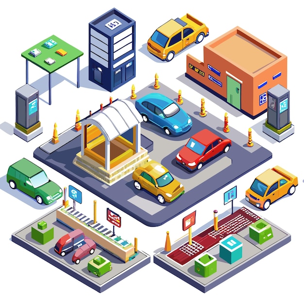 Vector isometric illustration of a modern car parking lot with various cars a ticket booth and parking signs