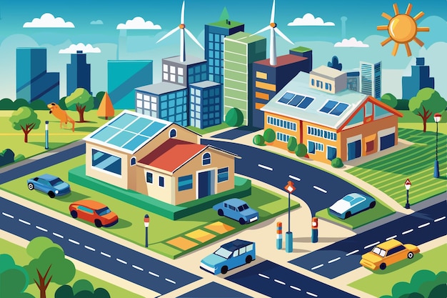 Vector an isometric illustration of a modern city with green spaces solar panels wind turbines and electric vehicles